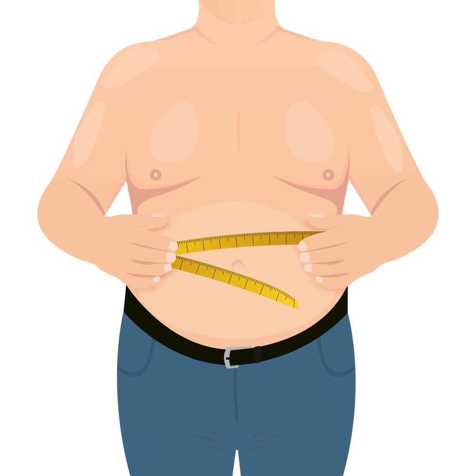 un hombre mide su gordo vientre con una cinta métrica. sobre un fondo blanco vector