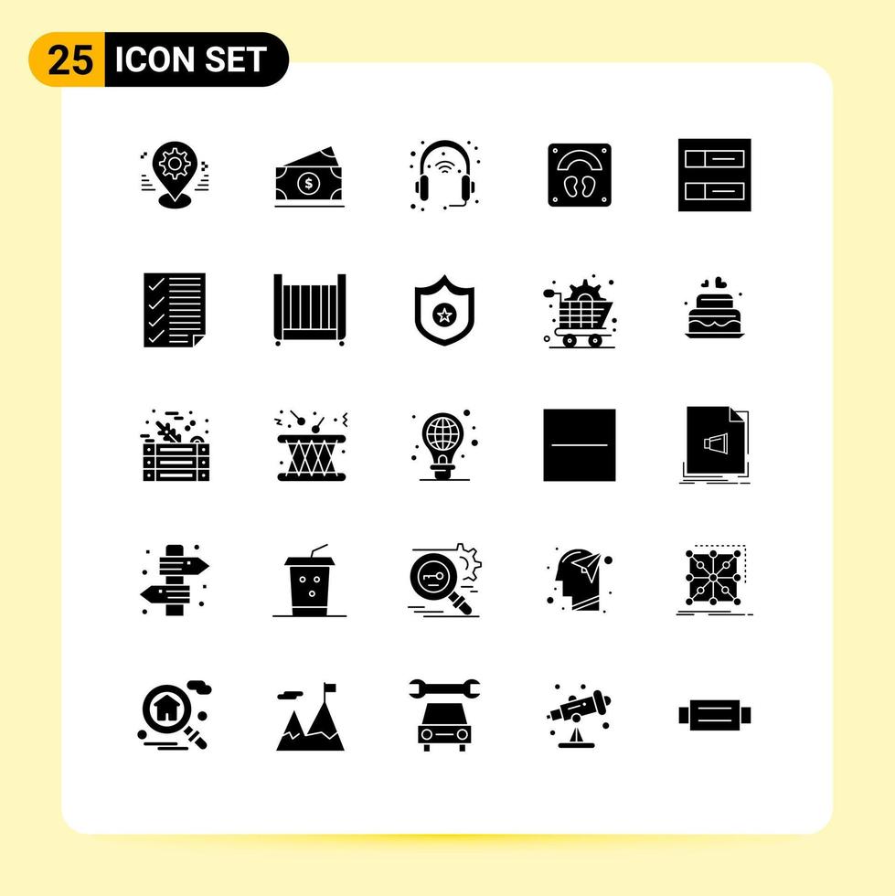 25 User Interface Solid Glyph Pack of modern Signs and Symbols of wellness scale usa healthcare headphone Editable Vector Design Elements
