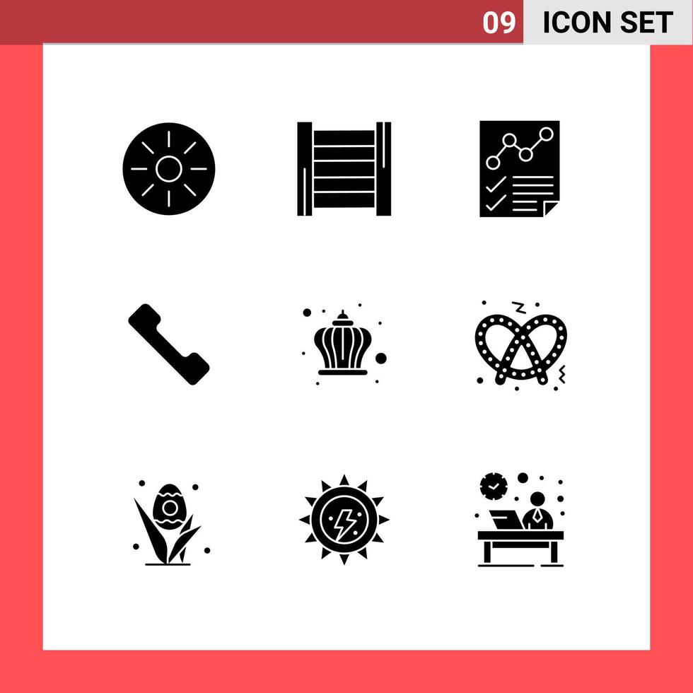 Pack of 9 Modern Solid Glyphs Signs and Symbols for Web Print Media such as king corona data mobile telephone Editable Vector Design Elements