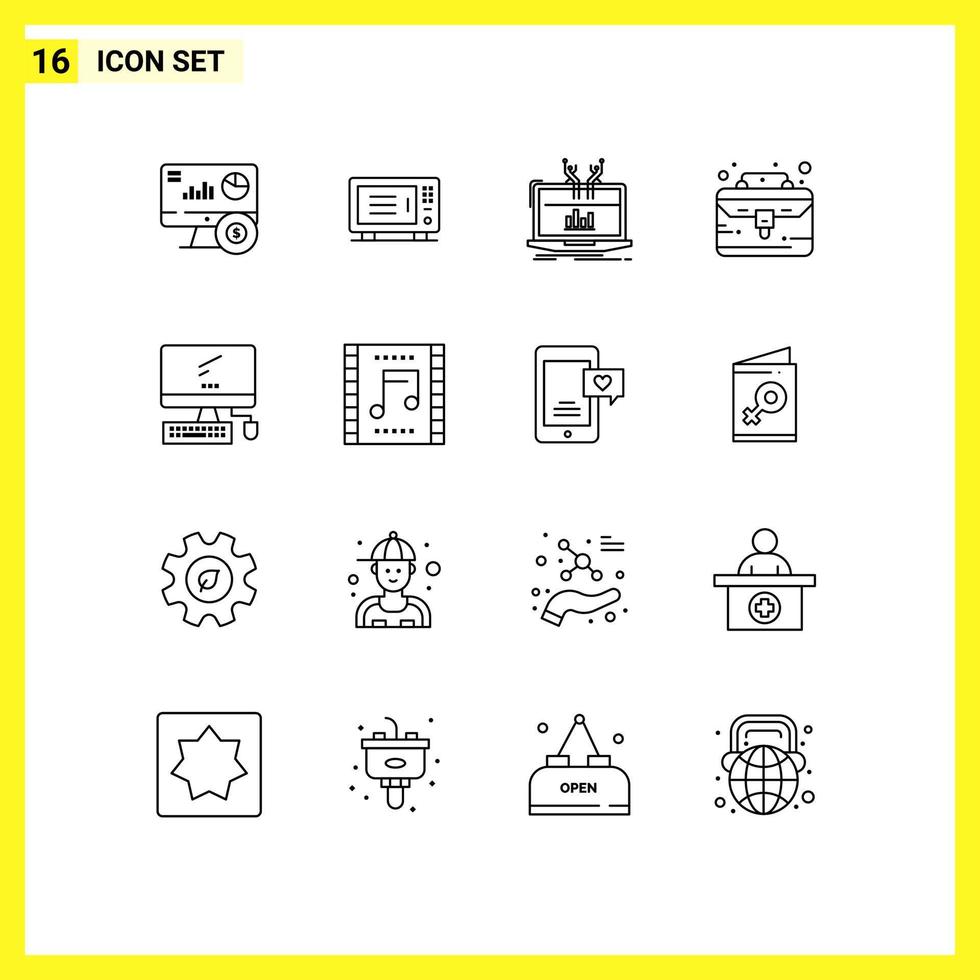 Group of 16 Outlines Signs and Symbols for computer portfolio analysis case platform Editable Vector Design Elements