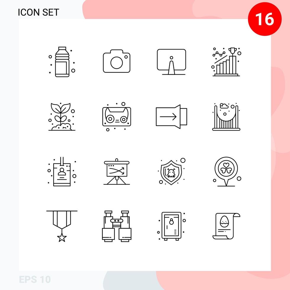 Group of 16 Outlines Signs and Symbols for goal achieve picture monitor desktop Editable Vector Design Elements