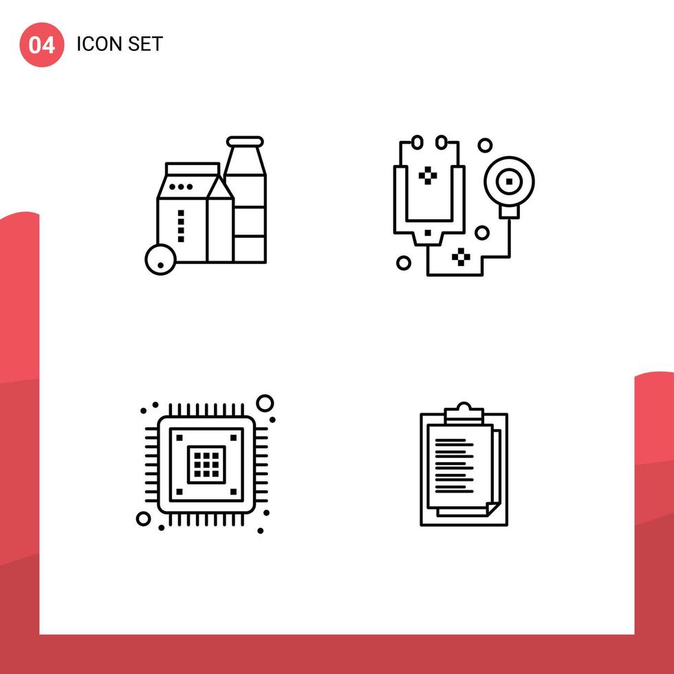 grupo de 4 colores planos de línea de llenado modernos establecidos para elementos de diseño de vectores editables de encriptación de estetoscopio de compra de datos de leche