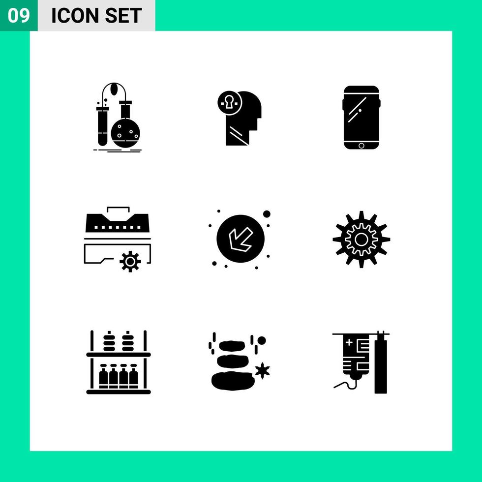 Mobile Interface Solid Glyph Set of 9 Pictograms of toolbox construction mind samsung mobile Editable Vector Design Elements