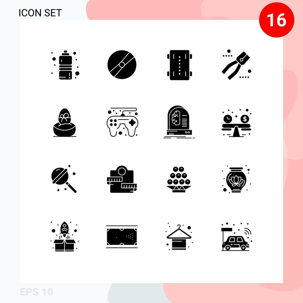Pack of 16 creative Solid Glyphs of tool pincers pokemon construction wheels skate Editable Vector Design Elements