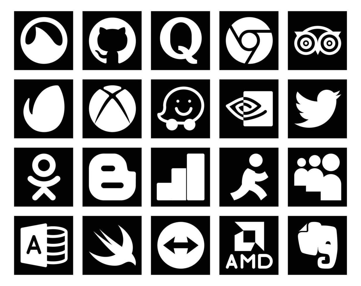 Paquete de 20 íconos de redes sociales que incluye myspace google analytics xbox blogger tweet vector