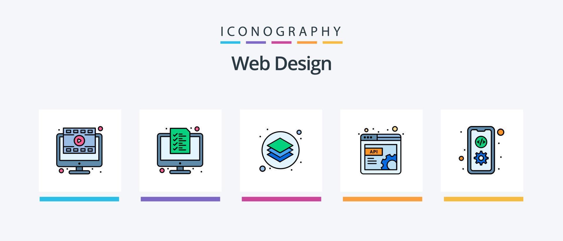 la línea de diseño web llenó el paquete de 5 íconos que incluye la página. error. aterrizaje. imprimir. disposición. diseño de iconos creativos vector