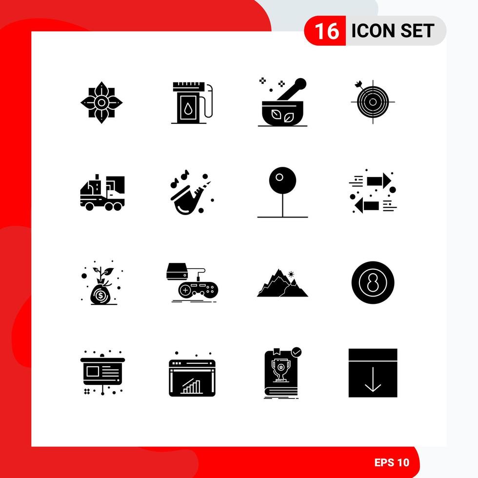 Group of 16 Modern Solid Glyphs Set for artificial arrow hospital dart focus Editable Vector Design Elements