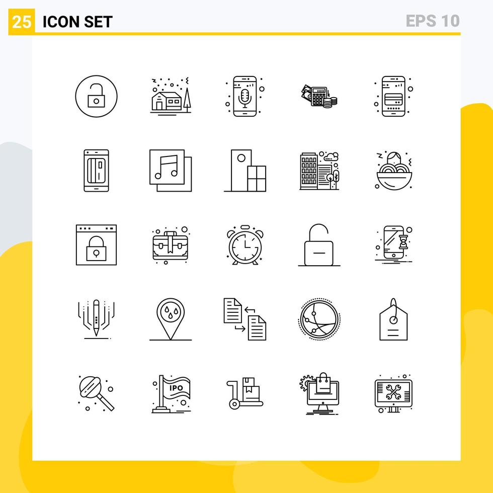 Group of 25 Modern Lines Set for card balance mobile app calculator money Editable Vector Design Elements