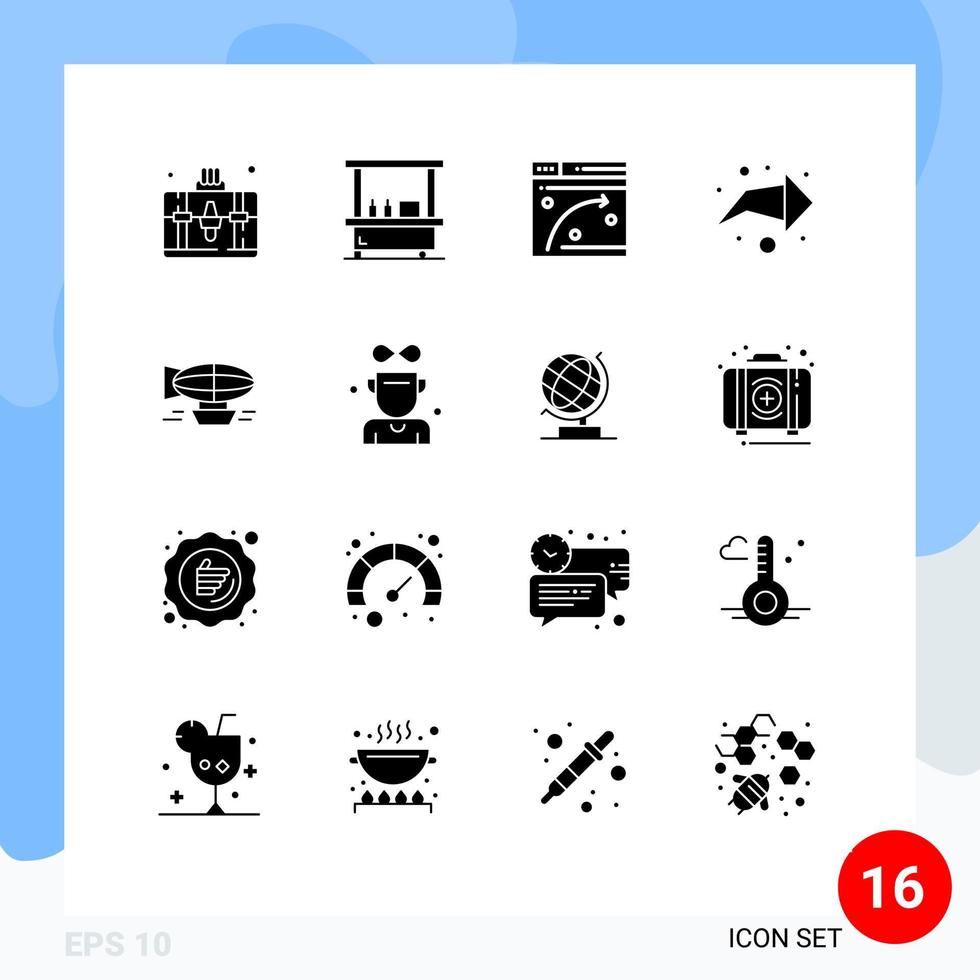 Pack of 16 Modern Solid Glyphs Signs and Symbols for Web Print Media such as balloon air web direction arrow Editable Vector Design Elements
