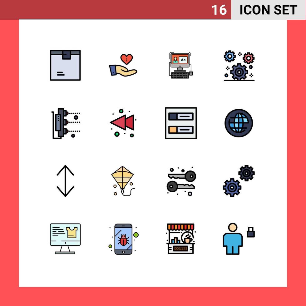grupo de 16 líneas modernas llenas de color plano establecidas para configurar elementos de diseño de vectores creativos editables de software de engranajes manuales