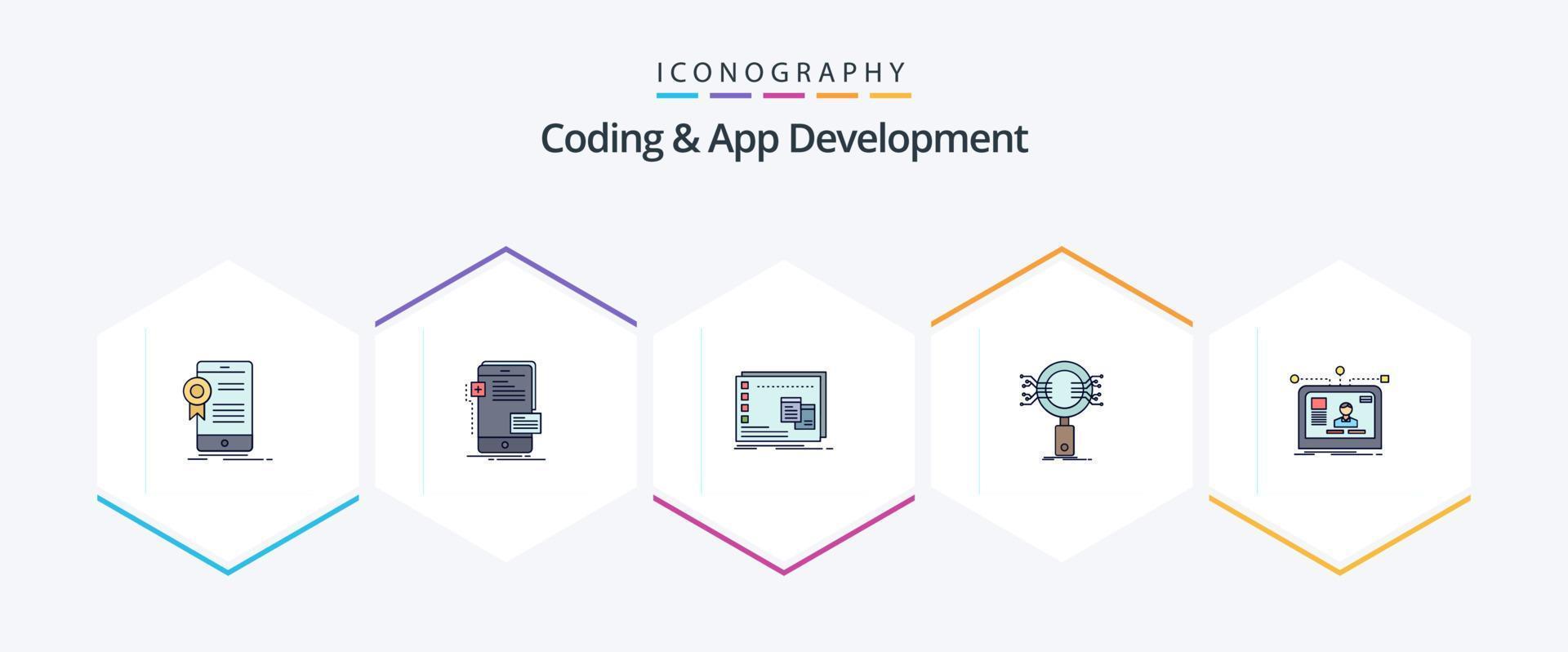 Coding And App Development 25 FilledLine icon pack including information. analysis. phone. program. operational vector