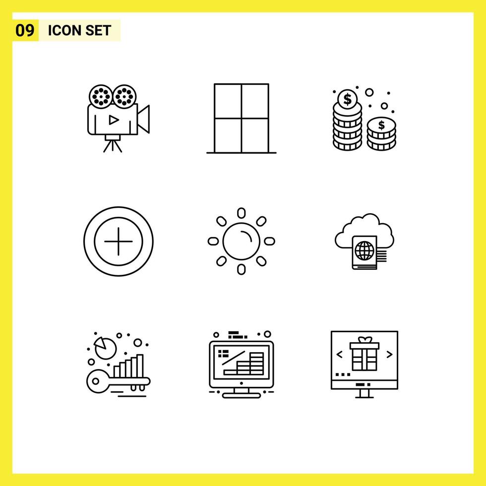 Mobile Interface Outline Set of 9 Pictograms of brightness money wardrobe finance cash Editable Vector Design Elements