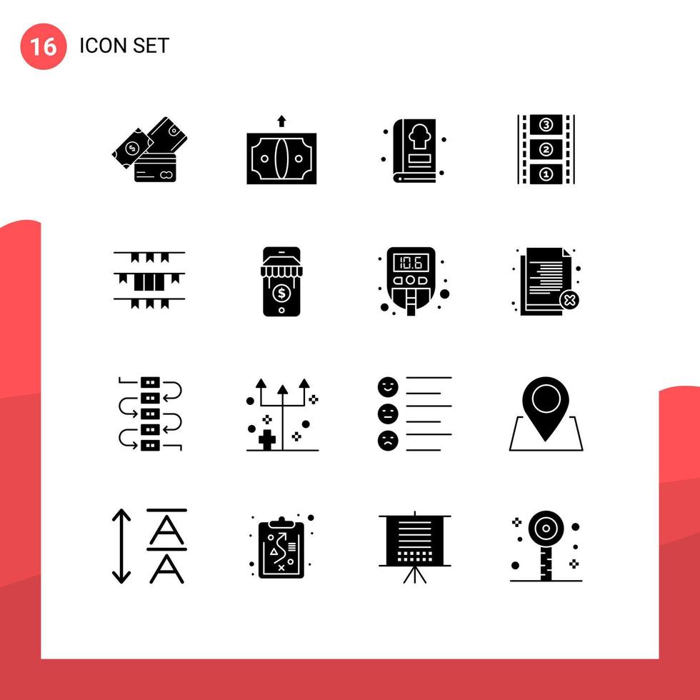 Pictogram Set of 16 Simple Solid Glyphs of flag movie reel money film stip kitchen Editable Vector Design Elements