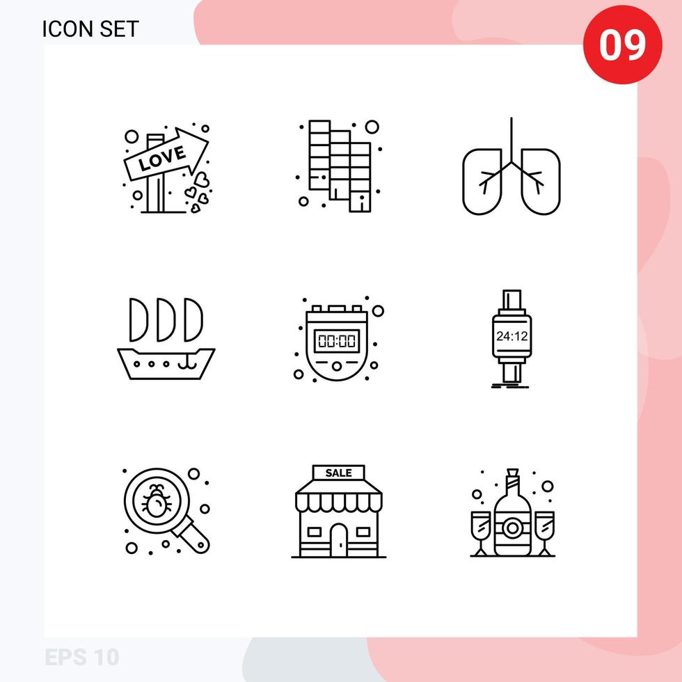símbolos de iconos universales grupo de 9 contornos modernos de smartwatch reloj pulmones temporizador cronómetro elementos de diseño de vectores editables
