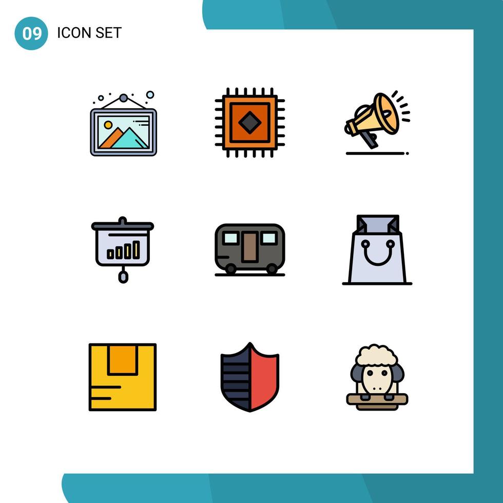 9 Universal Filledline Flat Colors Set for Web and Mobile Applications wagon trailer speaker caravan information Editable Vector Design Elements