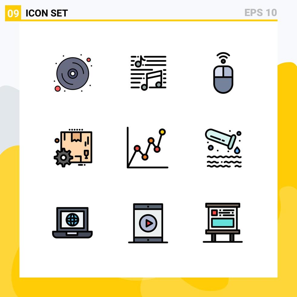 paquete de 9 signos y símbolos modernos de colores planos de línea rellena para medios de impresión web, como elementos de diseño de vectores editables inalámbricos de configuración de sonido de engranajes atm