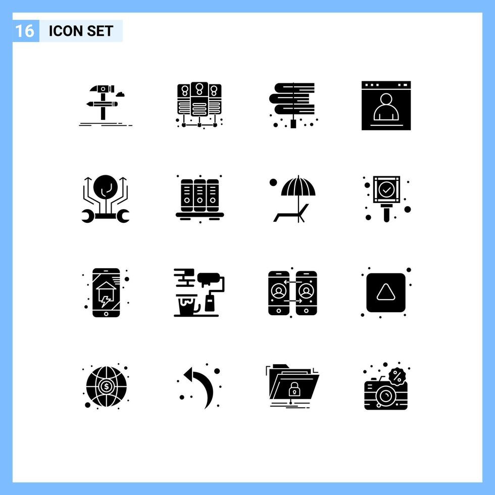 Group of 16 Solid Glyphs Signs and Symbols for profile login book interface laws Editable Vector Design Elements