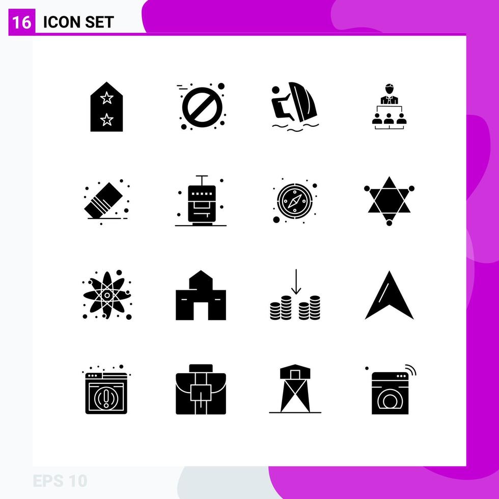 User Interface Pack of 16 Basic Solid Glyphs of delete leadership surfing human organization Editable Vector Design Elements