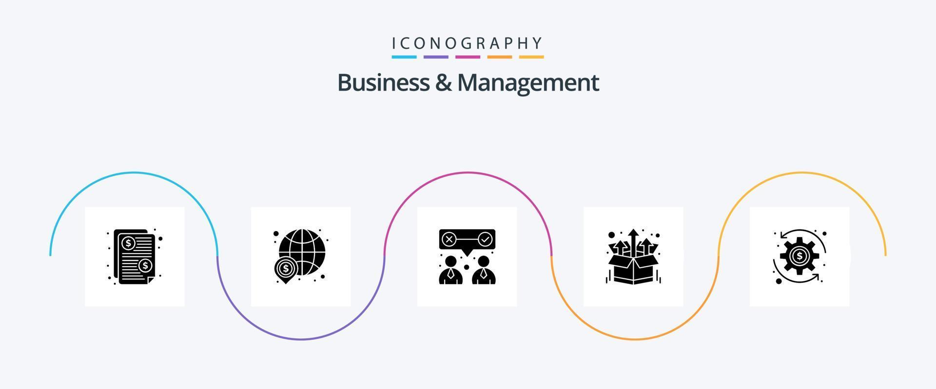 Business And Management Glyph 5 Icon Pack Including coin. product. world. package. team work vector