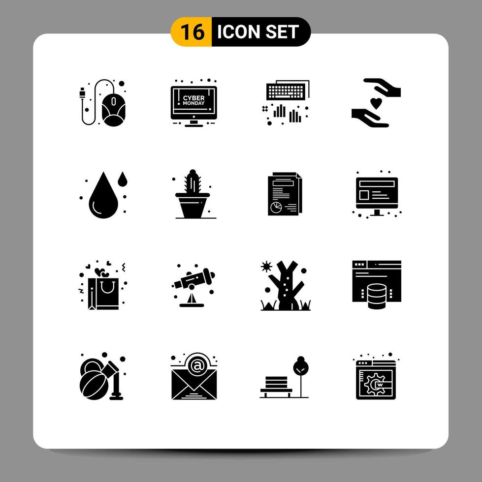 Set of 16 Modern UI Icons Symbols Signs for drop blood hands love care Editable Vector Design Elements