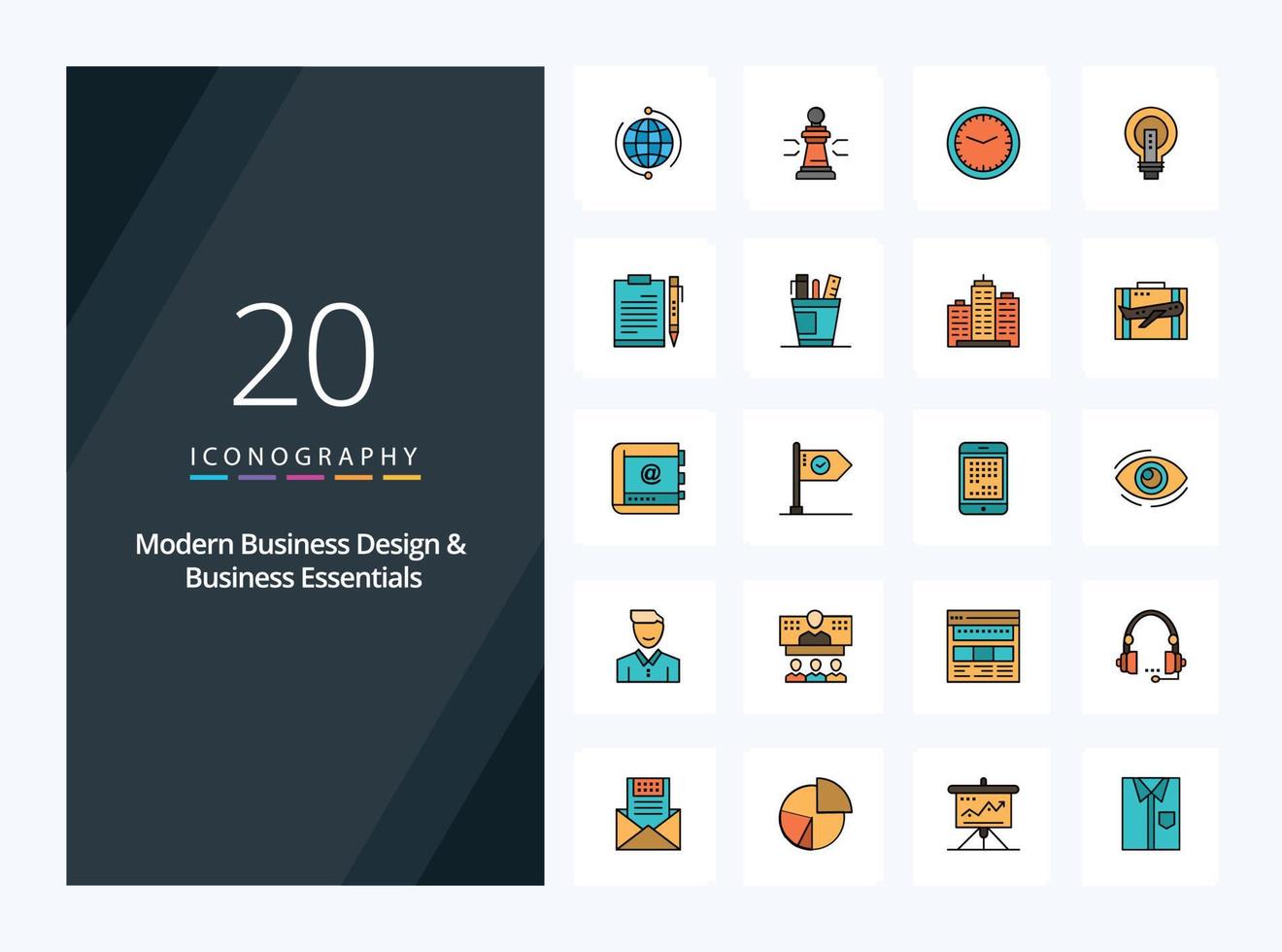 20 Modern Business And Business Essentials line Filled icon for presentation vector