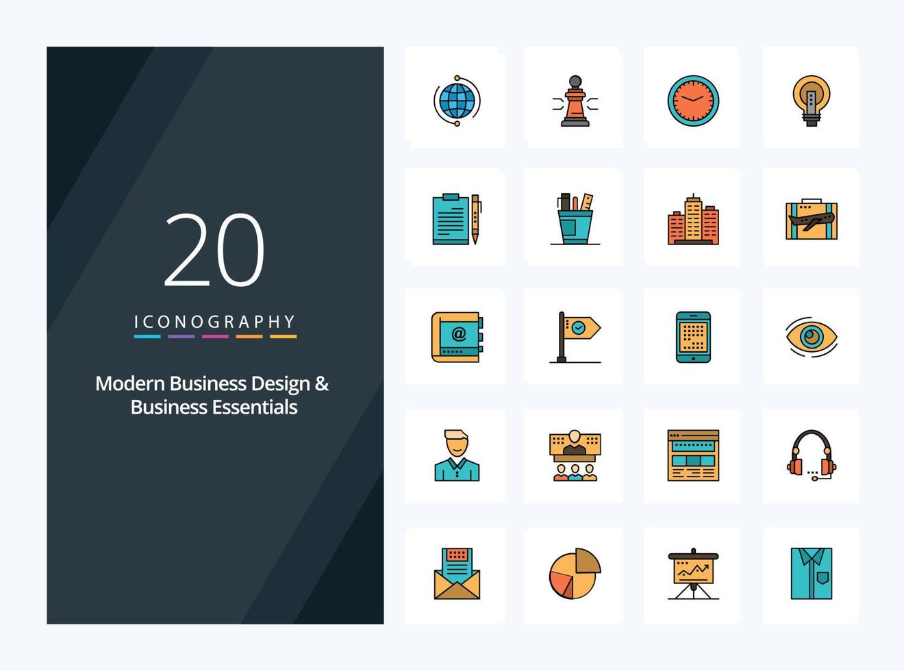 20 iconos modernos de negocios y elementos esenciales de negocios llenos de líneas para la presentación vector
