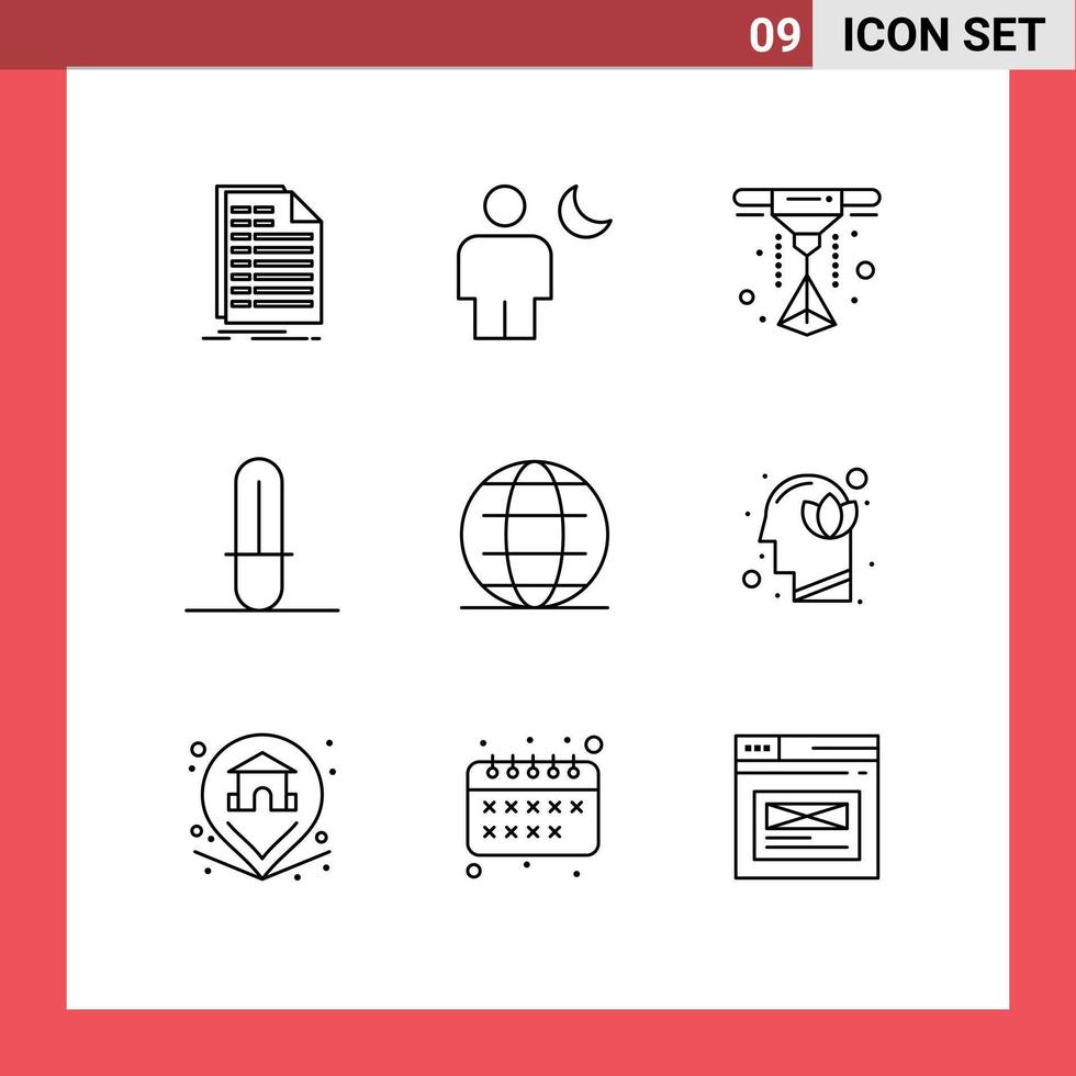 Universal Icon Symbols Group of 9 Modern Outlines of security globe moon weapon light saber Editable Vector Design Elements