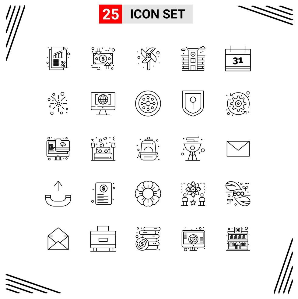 Line Pack of 25 Universal Symbols of event calendar down hospital city Editable Vector Design Elements
