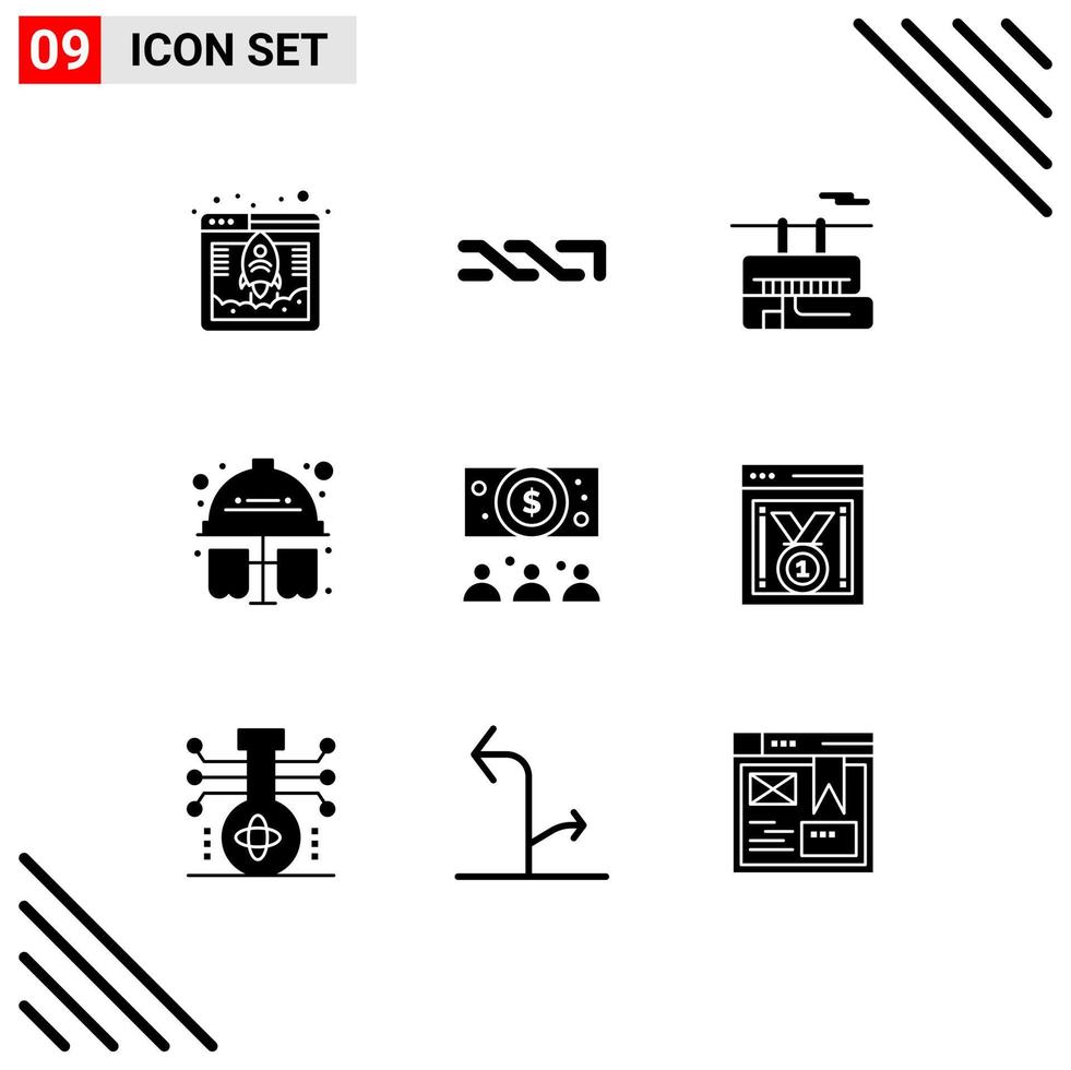 Solid Glyph Pack of 9 Universal Symbols of dollar hard hat chair lift chemical test Editable Vector Design Elements