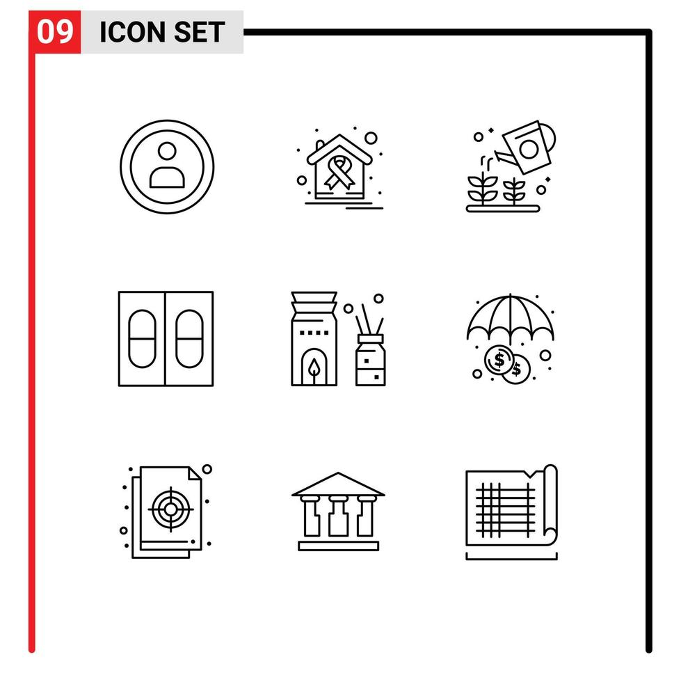 Pack of 9 Modern Outlines Signs and Symbols for Web Print Media such as relax aromatherapy farming medical medicine Editable Vector Design Elements