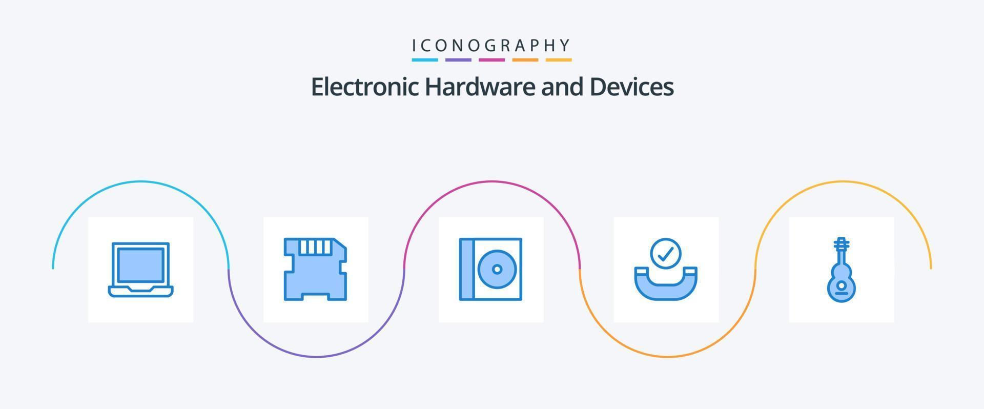 Paquete de 5 iconos azules de dispositivos que incluye . sonido. desct. música. audio vector