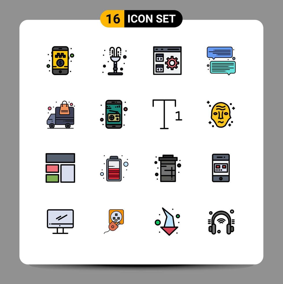 conjunto moderno de 16 líneas y símbolos rellenos de colores planos, como la gestión de comunicación de la aplicación de mensajes de transporte, elementos de diseño de vectores creativos editables