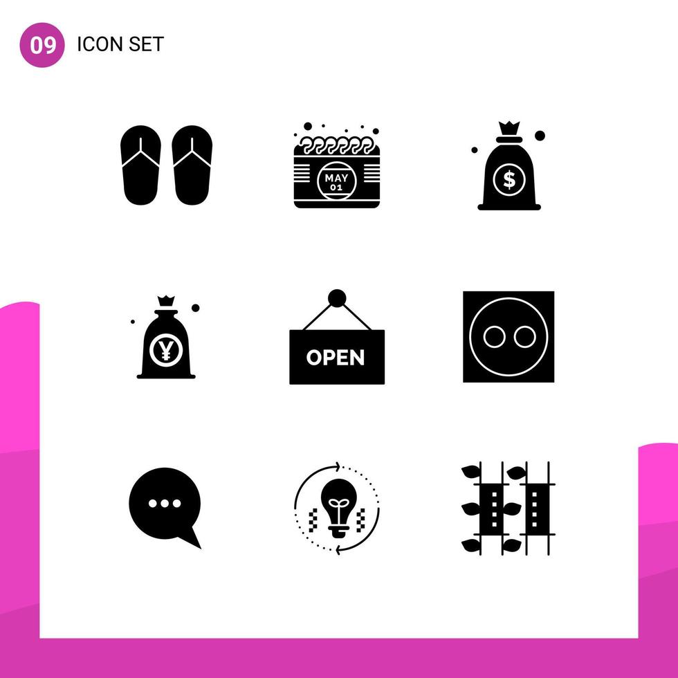 Solid Glyph Pack of 9 Universal Symbols of sign open money bag japanese Editable Vector Design Elements