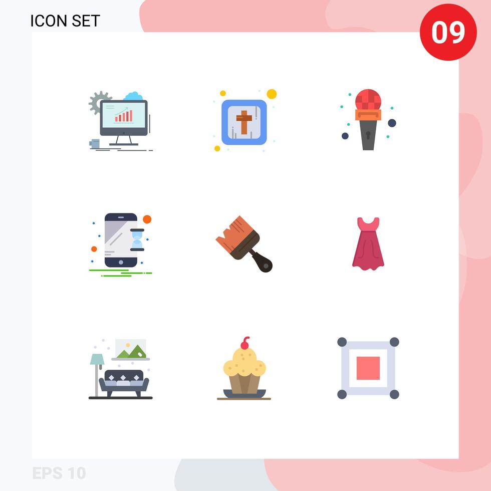 Set of 9 Vector Flat Colors on Grid for building notification mic mobile device Editable Vector Design Elements