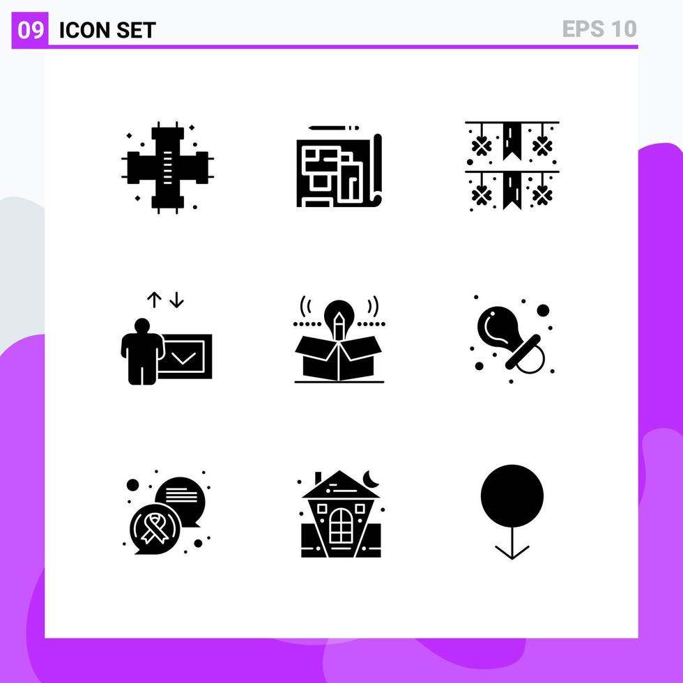 Pictogram Set of 9 Simple Solid Glyphs of bulb box estate speech education Editable Vector Design Elements