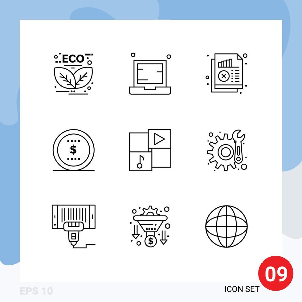 Set of 9 Vector Outlines on Grid for dollar business laptop statistics chart Editable Vector Design Elements