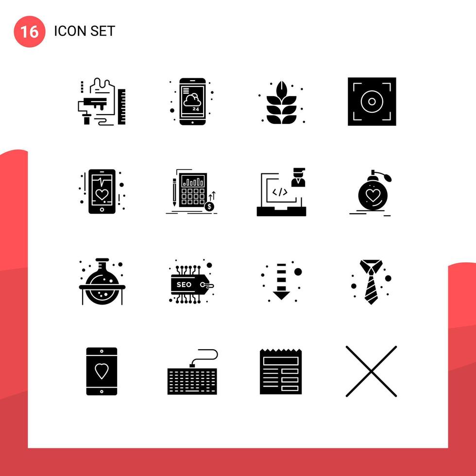 User Interface Pack of 16 Basic Solid Glyphs of ecg video service camera plant Editable Vector Design Elements