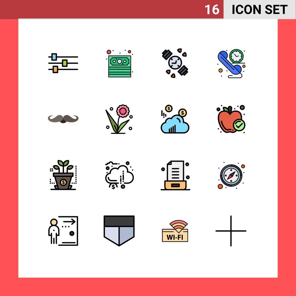Group of 16 Flat Color Filled Lines Signs and Symbols for men movember timer hipster time Editable Creative Vector Design Elements