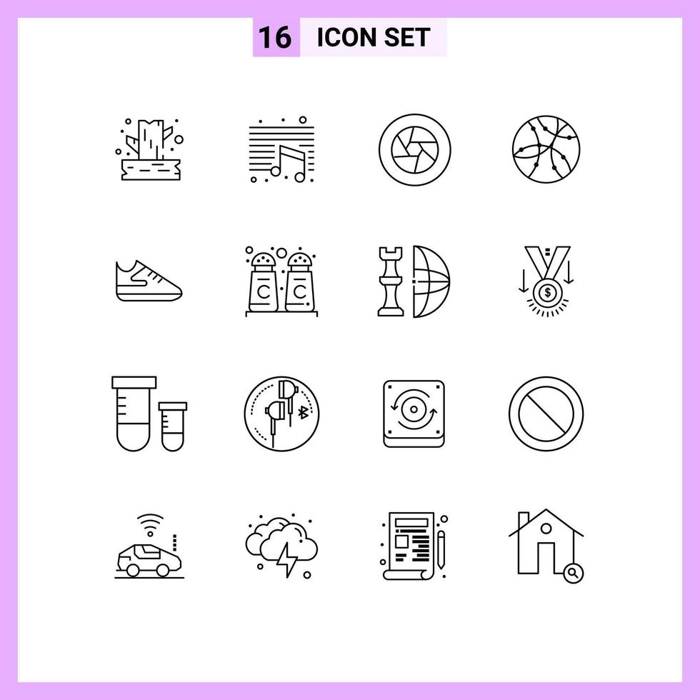 Pack of 16 Modern Outlines Signs and Symbols for Web Print Media such as exercise network aperture internet photo Editable Vector Design Elements