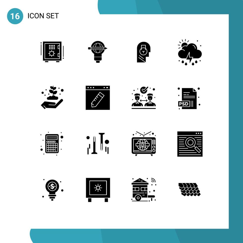 16 Thematic Vector Solid Glyphs and Editable Symbols of sun cloud bulb user message Editable Vector Design Elements