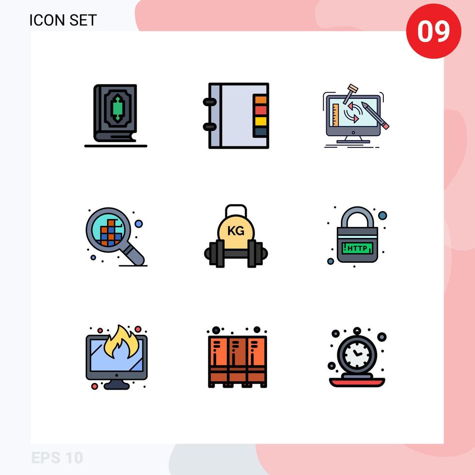 Set of 9 Vector Filledline Flat Colors on Grid for dumbbell pixels engineering grid processing Editable Vector Design Elements