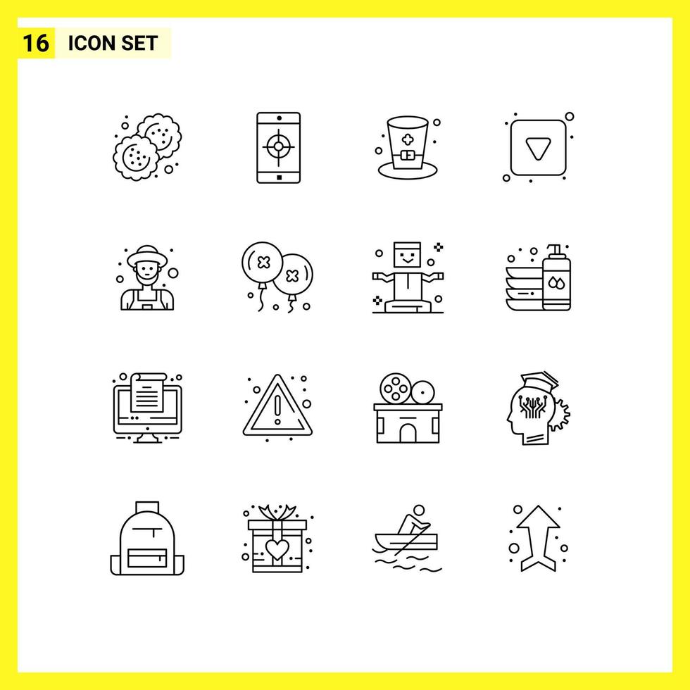Set of 16 Commercial Outlines pack for gardener full glasss down play button Editable Vector Design Elements