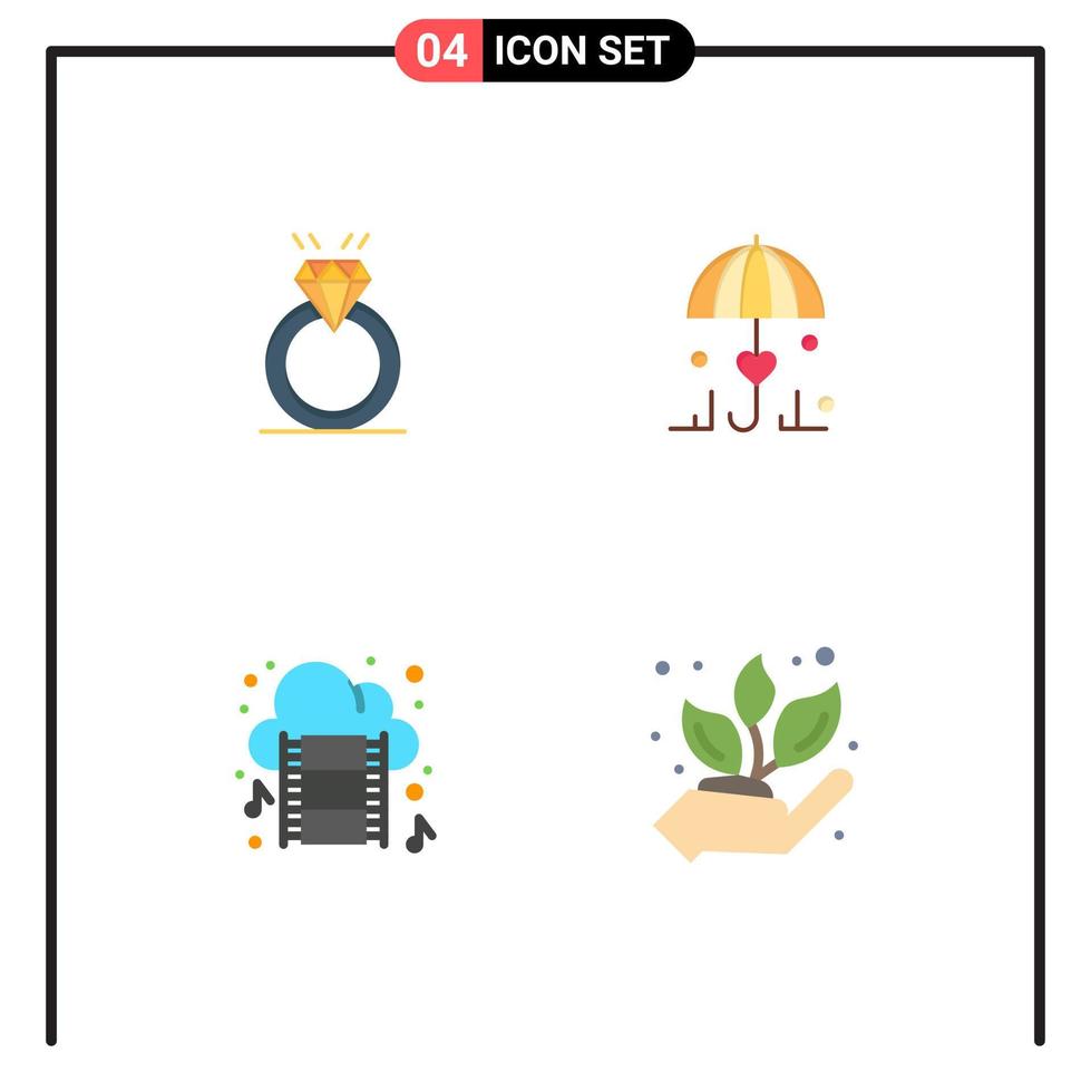 Pack of 4 creative Flat Icons of ring cloud marriage umbrella movie Editable Vector Design Elements