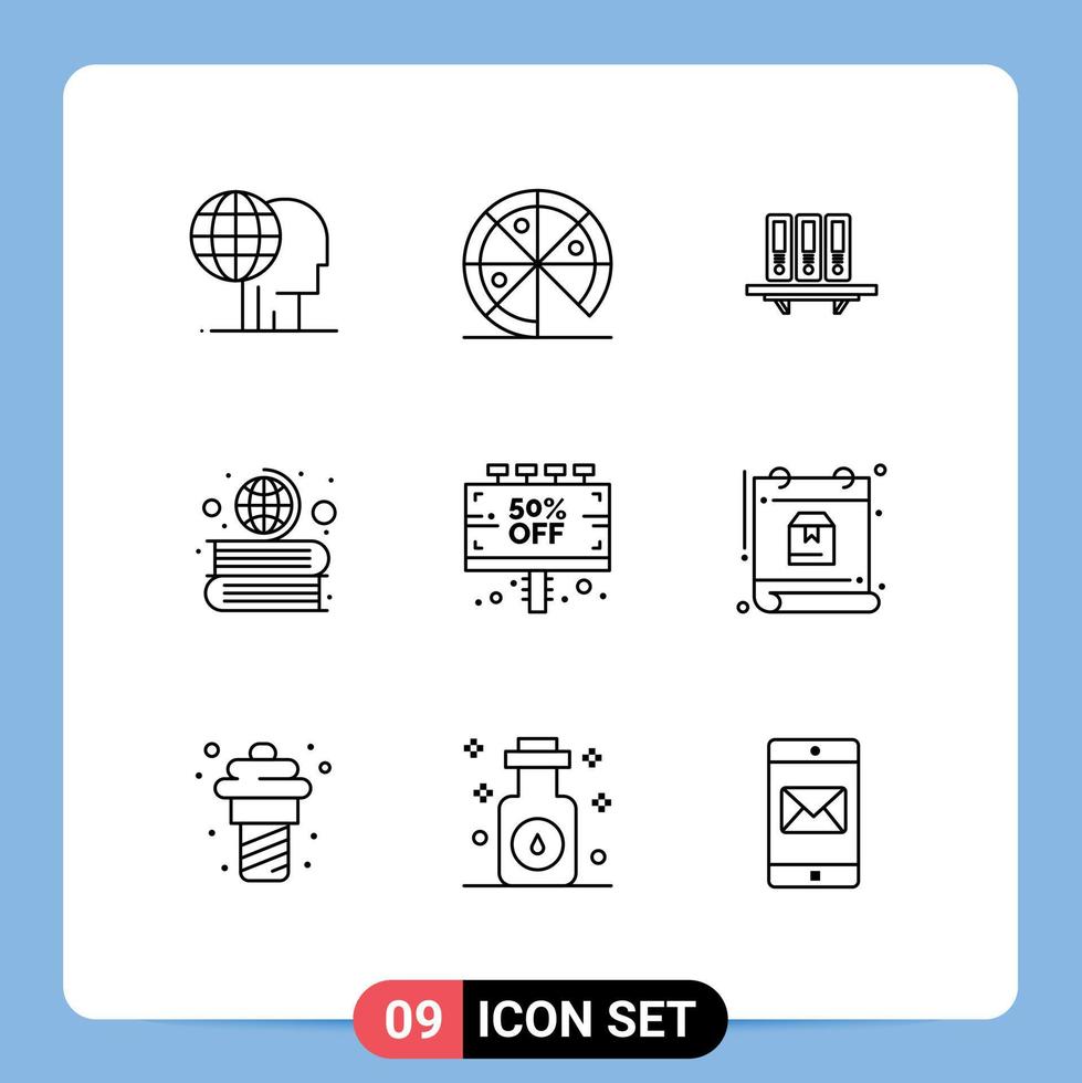 9 User Interface Outline Pack of modern Signs and Symbols of geography books files storage documents Editable Vector Design Elements