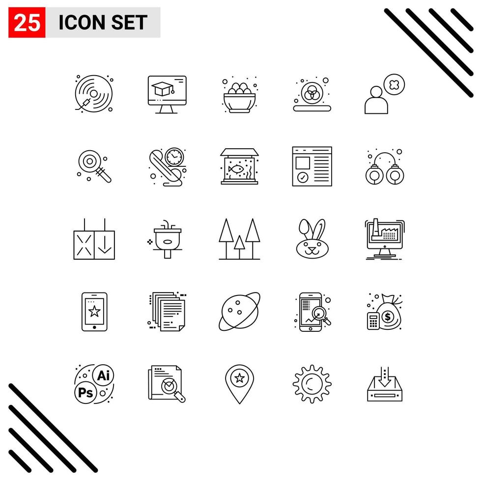 User Interface Pack of 25 Basic Lines of cross design graduation color egg Editable Vector Design Elements