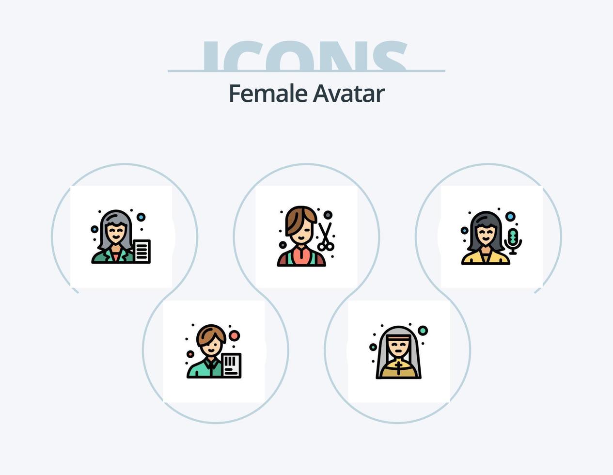 línea de avatar femenino lleno de icono paquete 5 diseño de icono. ocio. femenino. técnico. bolos. médico vector