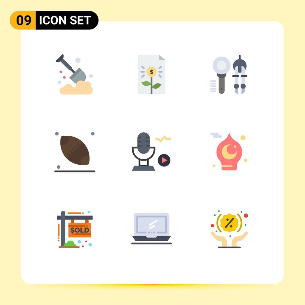 User Interface Pack of 9 Basic Flat Colors of microphone ball investment rugby tool Editable Vector Design Elements