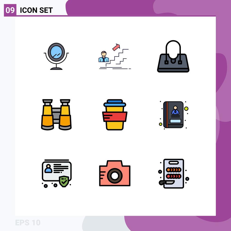 Pictogram Set of 9 Simple Filledline Flat Colors of book drink fashion study watch Editable Vector Design Elements