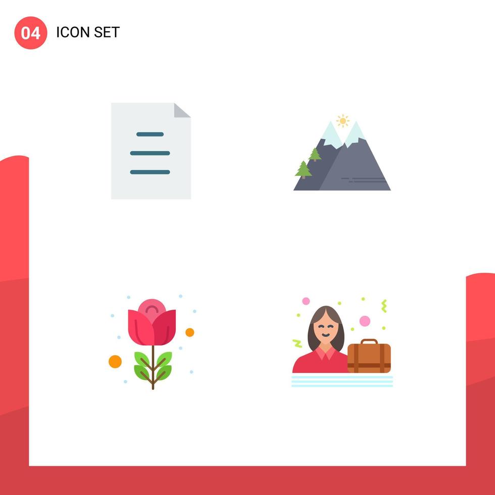 Group of 4 Modern Flat Icons Set for document flower mountains sun rose Editable Vector Design Elements