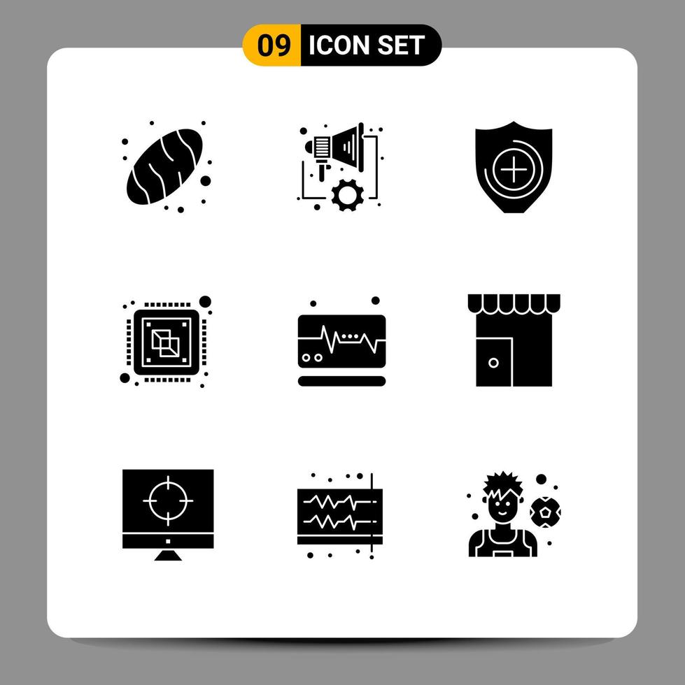 Modern Set of 9 Solid Glyphs and symbols such as pulse medical healthcare processor computer Editable Vector Design Elements